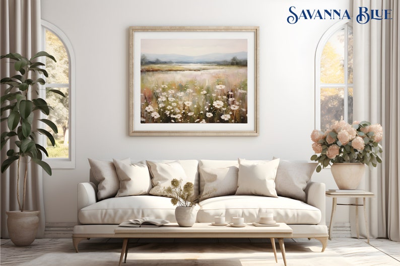 French Country Landscape Floral Wall Art Wildflower Painting Spring Meadow Print Warm Tones Printable Wall Art Digital Download image 2