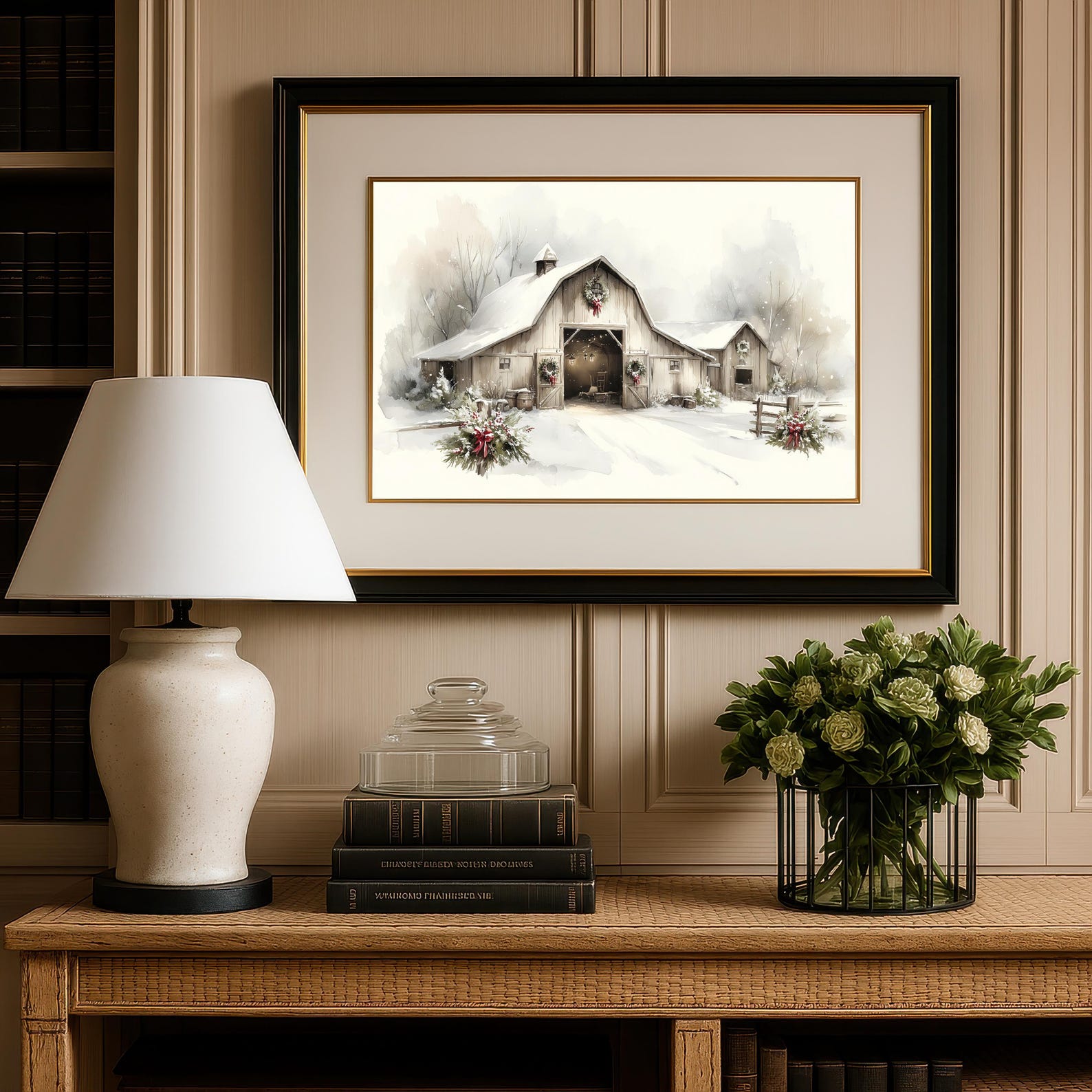 Art Print: Holiday Barn With Wreaths, Cozy Interior Light and Snow ...