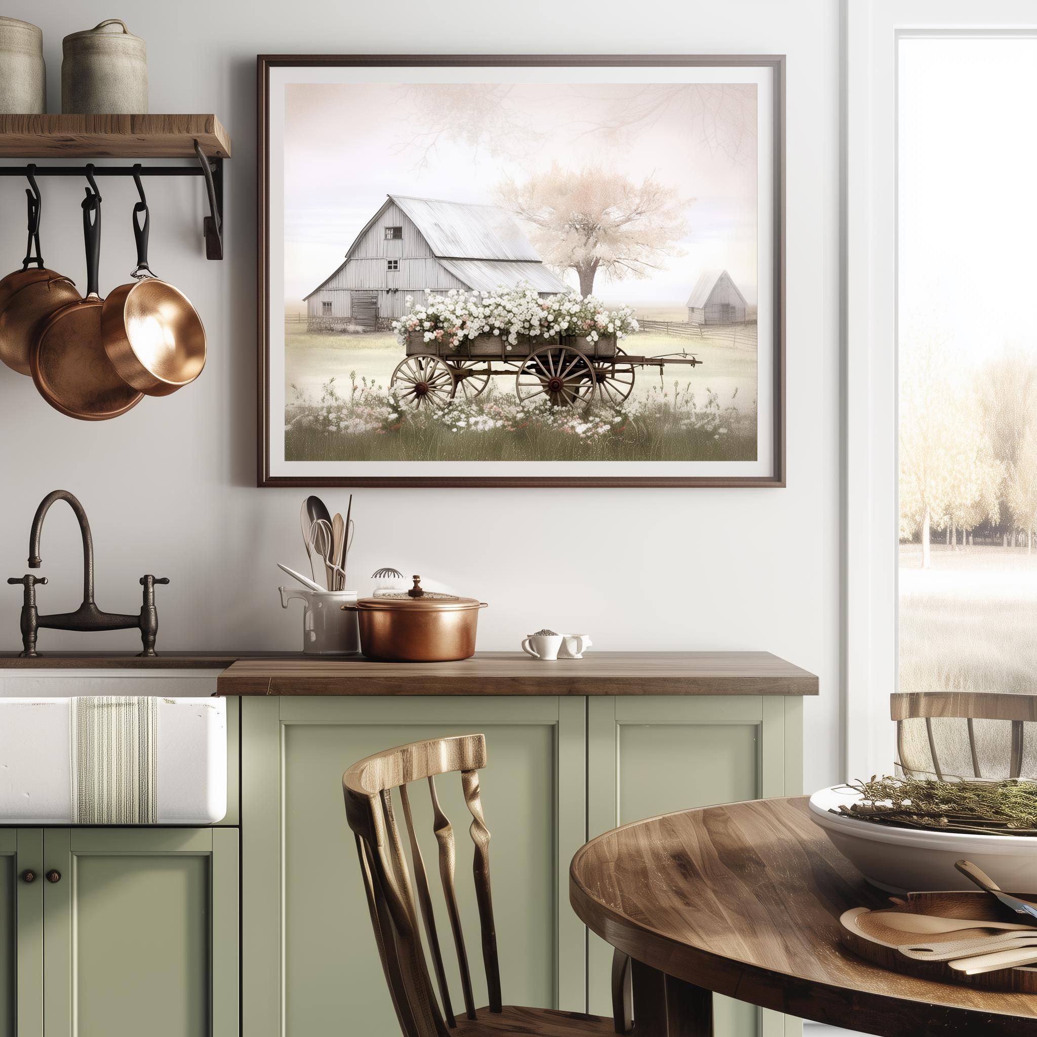Floral Cart and Rustic Barn Spring Print Farmhouse Wall Art Country ...