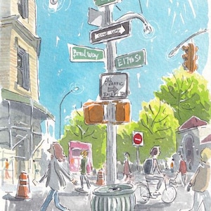 Fifth & Broadway, estilo de dibujos animados, ciudad de Nueva York, NYC / Impresión de bellas artes
