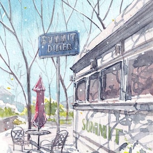May include: A watercolor painting of a diner with a red umbrella and a sign that says "Summit Diner". The diner has large windows and a white exterior. There are two chairs and a table in front of the diner.