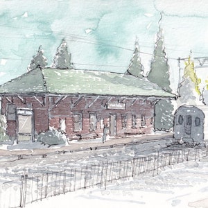 May include: Watercolor painting of a train station with a train on the tracks. The station is a brick building with a green roof and a sign that reads "Train Station". The train is a white and gray passenger car with a black stripe.