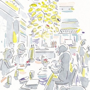 Brunch de Eataly, estilo de dibujos animados, Nueva York, NYC / Impresión de bellas artes