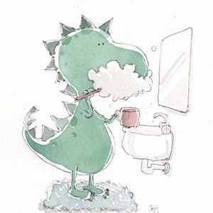 Dinosaur - Trex Bathroom - Brushing Teeth | Fine Art Print