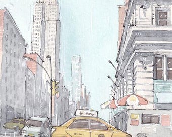 May include: A watercolor painting of a yellow taxi cab driving down a street in New York City. The Empire State Building is visible in the background.