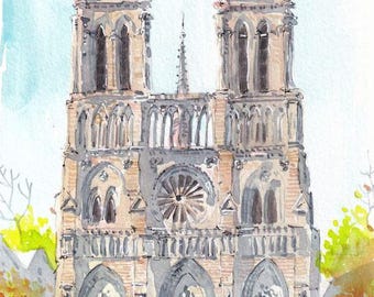 Op de afbeelding: Waterverf schilderij van de Notre Dame kathedraal in Parijs, Frankrijk. De kathedraal is afgebeeld in een lichtbruine kleur met een groot roosvenster en twee hoge torens. Een enkele persoon staat voor de kathedraal.