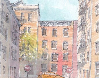 May include: A watercolor painting of a city street scene with a yellow taxi cab driving past two brick buildings. The buildings have windows and fire escapes. There are stop signs on both sides of the street.