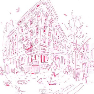 以下が含まれることがあります： ピンクの線画で描かれた街の通りのシーン。角には「ブロードウェイランチダイナー」というダイナーがあります。歩道には人々が歩いており、通りには車が走っています。この絵は、気まぐれなスタイルで描かれています。