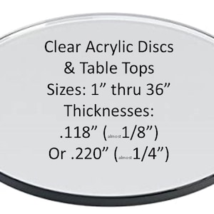 May include: Clear acrylic discs and table tops with sizes ranging from 1 inch to 36 inches. Thicknesses available are .118 inches (almost 1/8 inch) or .220 inches (almost 1/4 inch). The text is displayed on a clear, oval-shaped surface.