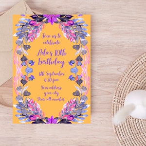 Birthday Party Invite, Flowers Invitation, Digital Download, Birthday Invitation Template, Flowers Printable Template, Kids Birthday Party
