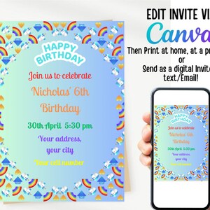 Boho Rainbow Template, Birthday Party Invite, Rainbow Frame Invitation, Digital Download, Birthday Invitation Template, Kids Birthday Party