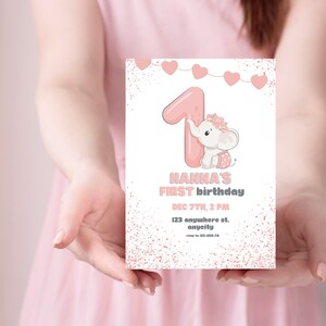 EDITIERBARE VORLAGE Blush Pink Floral Elephant 1. Geburtstagseinladung, süße schicke Einladung zum Ausdrucken, Mädchen zum ersten Geburtstag, SOFORTIGER Download