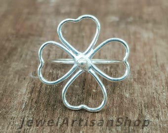 925 Sterling Silver Four Leaf Clover Ring-Heart Petal Good Luck Jewelry-Handmade Lucky Charm Ring-Without Stone Ring-Boho Gift for Her