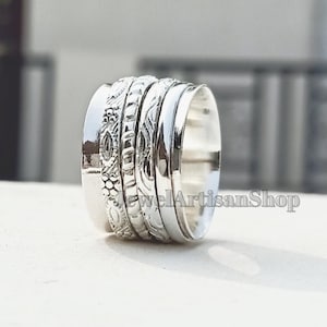 Spinner Ring-925 Sterling Silver Band Ring-14 mm Wide Band Ring-Anxiety Fidget Spinner Ring-Meditation Jewelry-Gift For Her All Size
