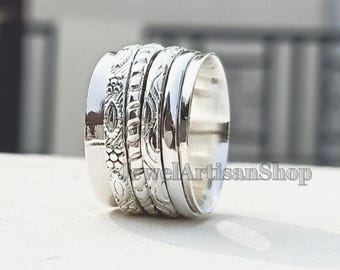 Sterling Silver Spinner Ring-Wide Band Boho Meditation Ring-Textured Floral Fidget Ring-Anxiety Relief Thumb Ring-Handmade Artisan Jewelry