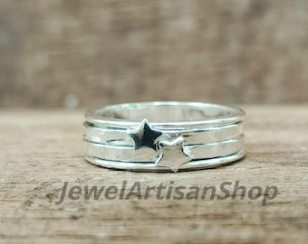 Solid 925 Sterling Silver Star Spinner Ring-Beautiful Double Star Spinner Ring-Handmade Celestial Jewelry-Boho Star Ring-Gift for Mothers