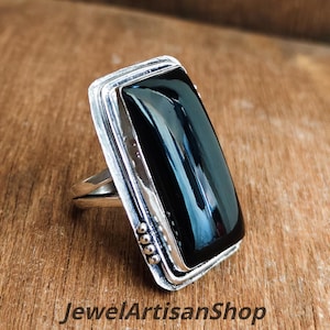 Handmade Sterling Silver Black Onyx Statement Ring-Rectangle Big Gemstone Ring-Engraved Ring-Gift Ring-Large Stone Ring-Bold Cocktail Ring