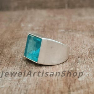 Square Blue Topaz Ring-Sterling Silver Gemstone Ring-Statement Ring-Wide Band Blue Ring-Signet Ring-Engraved Ring-Handmade Modern Jewelry