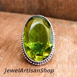 Green Peridot Ring-Oval Peridot Statement Ring-925 Sterling Silver Green Gemstone Ring-August Birthstone Ring-Handmade Ring-Bohemian Gift