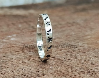 Star and Moon Sterling Silver Ring-Silver Ring-Oxidized Celestial Ring-Universe Ring-Promise Moon Star Eternity Band-Gift For Valentine's