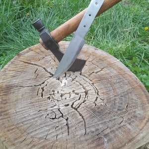 May include: A wooden-handled axe with a metal blade is placed on a tree stump. The axe is partially embedded in the stump. The blade is sharp and has a slight curve. The handle is made of wood and has a dark brown finish.