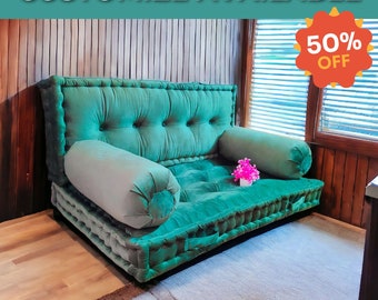 Bodensofa mit Rückenlehnenkissen | Großes Sofa | Handgefertigtes, geknöpftes Bodensofakissen für den Innenbereich | Maßgeschneidertes Bodensofakissen aus Samt