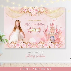 Personalized Princess Birthday Backdrop, Girl Pink and Gold Birthday, Royal Castle Theme, Floral Birthday Banner with Photo | Digital File