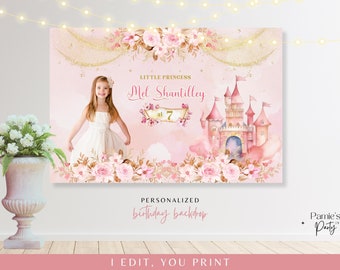 May include: A pink and gold personalized birthday backdrop with a castle, flowers, and a girl's photo. The text reads "Little Princess Mel Shantilley at 7".