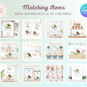 Op de afbeelding: Een set met printbare Moana-themafeestdecoraties, waaronder uitnodigingen, cupcaketoppers, bedankkaartjes, een welkomstbord, een voedseletiket, een fotoboothachtergrond en een bord met aangepaste tekst. De decoraties bevatten Moana, Maui en andere personages uit de Disney-film.