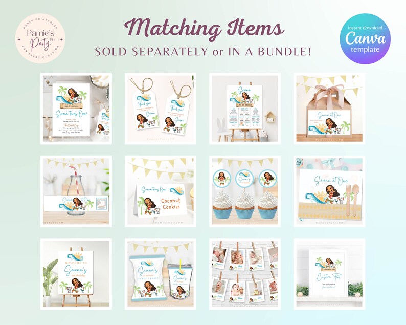 Op de afbeelding: Een set met printbare Moana-themafeestdecoraties, waaronder uitnodigingen, cupcaketoppers, bedankkaartjes, een welkomstbord, een voedseletiket, een fotoboothachtergrond en een bord met aangepaste tekst. De decoraties bevatten Moana, Maui en andere personages uit de Disney-film.
