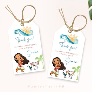 Etiquetas de presente Moana, etiquetas de favor, etiquetas de agradecimento, tema tropical, minimalista, modelo editável para download instantâneo | Editar com Canva
