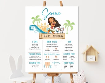 Moana mijlpaalbord 1e verjaardag, bewerkbaar bord met tropisch feest (canvasjabloon)