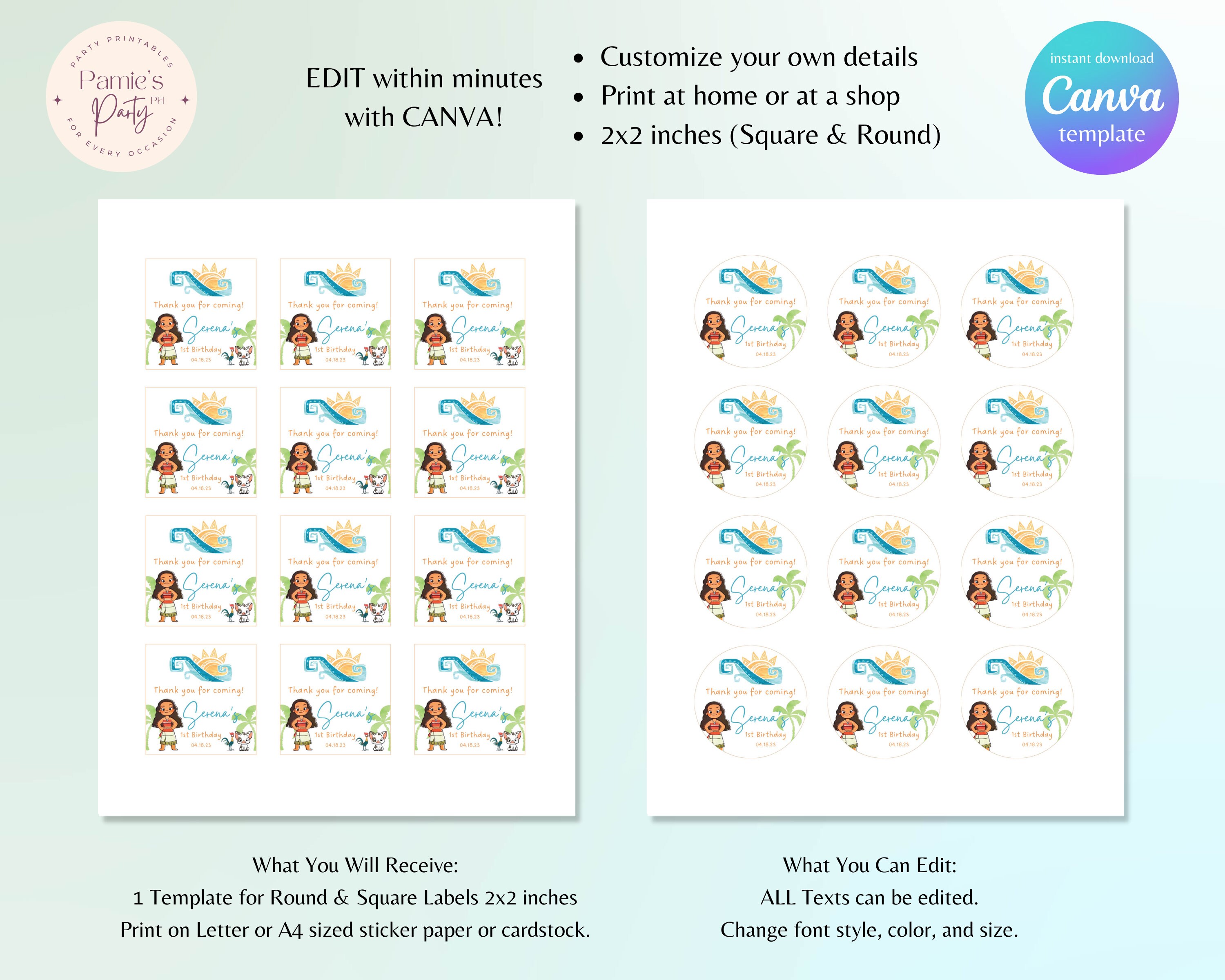 Moana Favor Tags, Moana Sticker Labels, Editable Gift Tags, Bag Labels ...