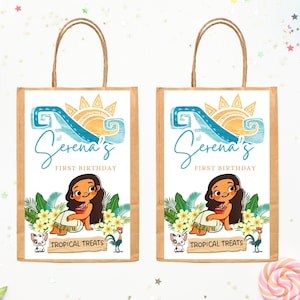Moana Tropical Gift Bag Labels, Hawaiian Loot Bags, Treat Bag Printable, Editable Favor Bag | Canva Template 001