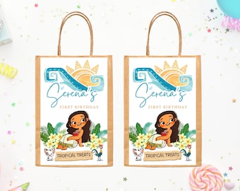 Moana Tropical Gift Bag Labels, Hawaiian Loot Bags, Treat Bag Printable, Editable Favor Bag | Canva Template 001