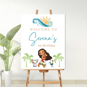 Moana Welcome Party Sign, Edytowalny tropikalny znak urodzinowy, Tablica powitalna do wydrukowania, Minimalistyczny | Edytuj za pomocą Canva