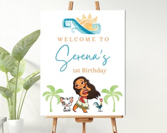 Moana Birthday Welcome Sign, Editable Tropical Party Decor (Canva Template)