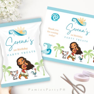 Moana Editable Chip Bag, Tropical Candy Bag, Hawaiian Luau Favor Bag, Minimalist Party Printables | Edit with Canva