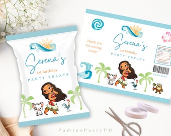 Moana Birthday Party Chip Bag, Luau Favor, Editable Canva Template (Digital Download)