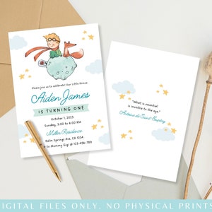 May include: A blue and white invitation for a first birthday party with a cartoon illustration of the Little Prince from the book by Antoine de Saint-Exup&eacute;ry. The invitation says "Aiden James is turning one" and includes the date, time, and location of the party. The quote "What is essential is invisible to the eye." is also included on the invitation.