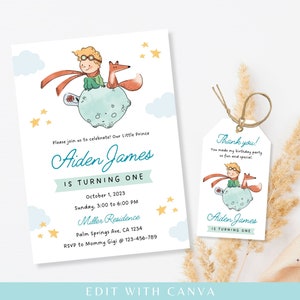 May include: A printable invitation and thank you tag for a first birthday party. The design features a watercolor illustration of the Little Prince character from the book by Antoine de Saint-Exup&eacute;ry. The invitation says "Aiden James is turning one" and includes details for the party. The thank you tag says "Thank you! You made my birthday party so fun and special" and also says "Aiden James is turning one".