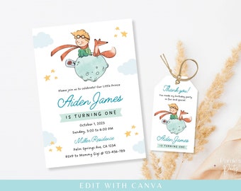 Editable The Little Prince Invitation, 1st Birthday Invite, Prince Birthday Party, Boy Invitation | Edit with Canva