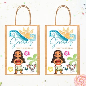 Moana Tropical Gift Bag Labels, Hawaiian Loot Bags, Treat Bag Printable, Editable Favor Bag | Canva Template 001