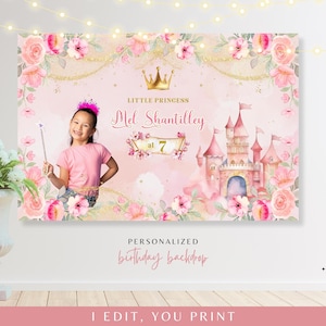 Personalized Princess Birthday Backdrop, Girl Pink and Gold Birthday, Royal Castle Theme, Floral Birthday Banner with Photo | Digital File