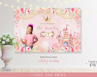 May include: A pink and gold personalized birthday backdrop with a castle, flowers, and a crown. The text reads "Little Princess Mel Shantilley at 7".