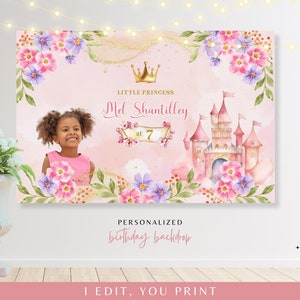 Personalized Princess Birthday Backdrop, Girl Pink and Gold Birthday, Royal Castle Theme, Floral Birthday Banner with Photo | Digital File