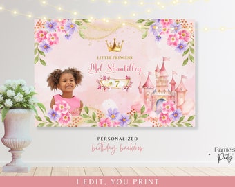 May include: A pink and gold personalized birthday backdrop with a watercolor castle, flowers, and a crown. The text reads "Little Princess Mel Shantilley at 7".
