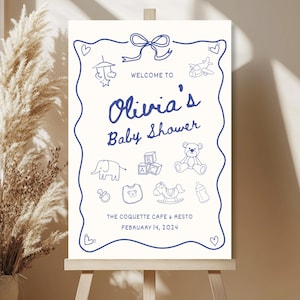 Handgezeichnetes Baby Shower Willkommensschild, handgeschriebenes Schild für Retro Baby Brunch, Schleifen-Babyparty, wunderliche Doodle Design Canva Vorlage