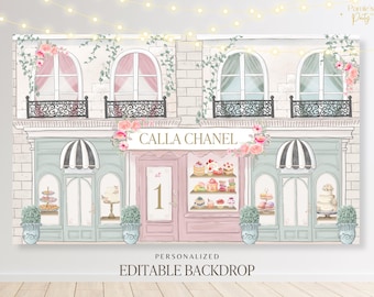 Banner imprimible de cafetería parisina, fondo de cumpleaños de pastelería francesa, decoración de baby shower para niñas, fiesta de primer cumpleaños de niña con flores en rosa ruborizado, Canva