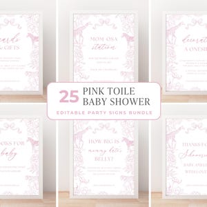 Letrero de bienvenida para fiesta de safari en Toile de Jouy rosa, chinoiserie imprimible, baby shower de niña editable, plantilla personalizada de Canva para cumpleaños